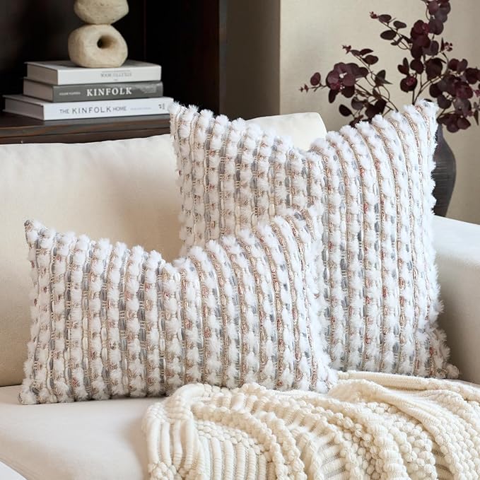 Aeckself Handmae Boho Chenille Tufted Pillow Cover 12x20 Inch, Rectangle Decorative Lumbar Throw Pillow Cover Neutral Pillowcase for Couch Bedroom Living Room, Grey White