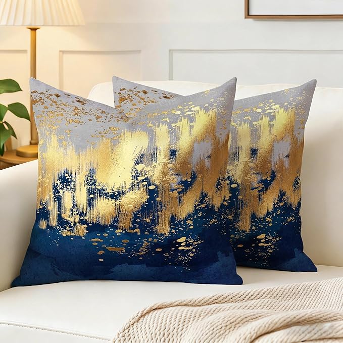 Navy Blue and Gold Pillow Covers 18 x 18 inch Set of 2 Decorative Cushion Covers Blue and Gold Square Pillowcases for Bedroom Sofa Home Decor