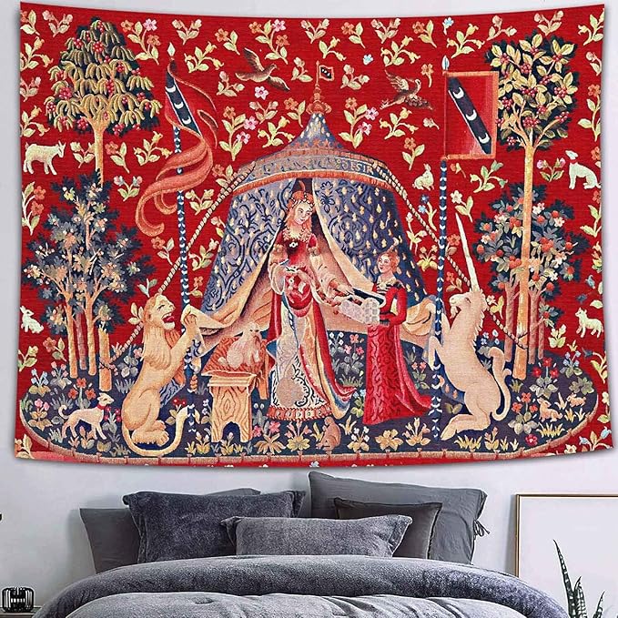 FEASRT GTQQAY1210 Medieval Princess Tapestry - Maiden & Unicorn Design, 80x60 inches, Perfect for Bedroom & Living Room Decor