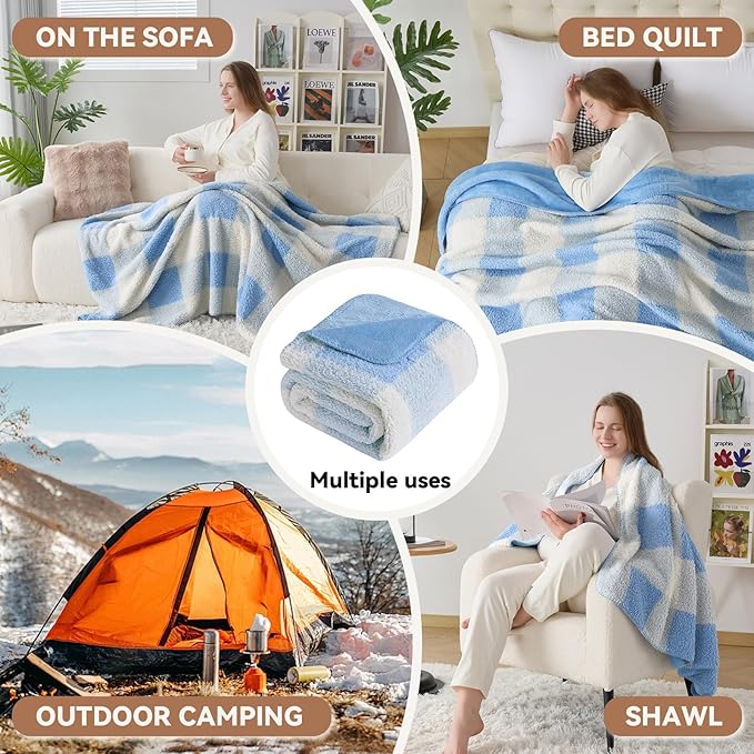 LURKA Checkered Sherpa Fleece Throw Blanket – Soft and Cozy, Medium Weight for All Season, Plush Throw for Couch, Bed, Dorm & Pets, Glacier, 60x80 Inches