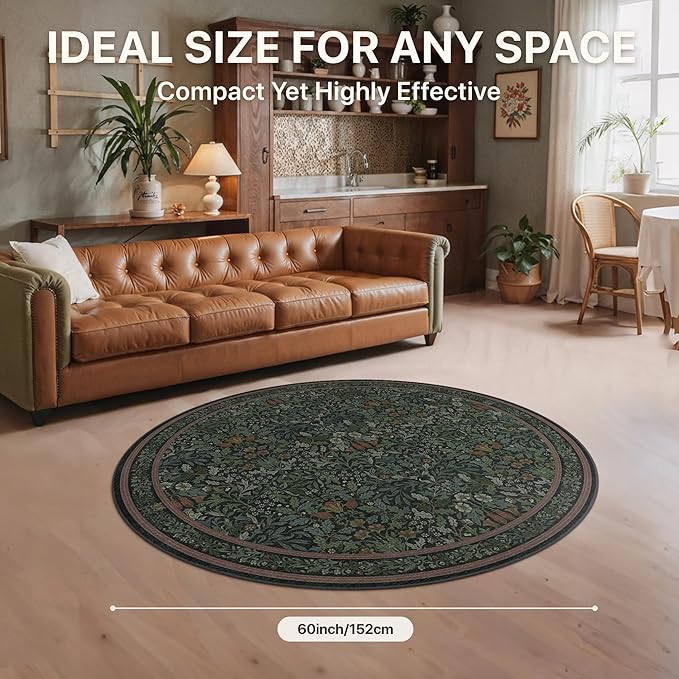 GENIMO Washable 5ft Circle Rug, Vintage Dark Green Floral Round Carpet with Non-Slip Rubber Backing, Soft Area Rug for Living Room, Bedroom, Kitchen, Nursery, Dark Green