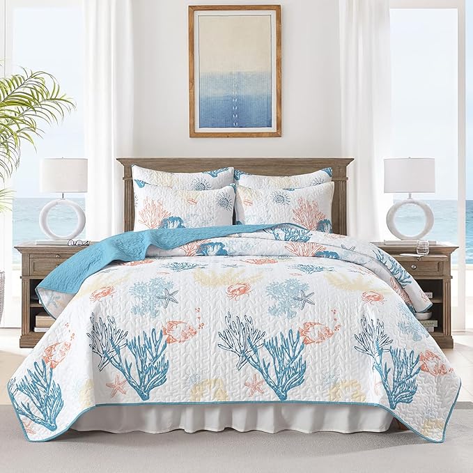 HORIMOTE HOME Coastal Quilt Bedding Set King Size, Reversible Summer Beach Quilt Lightweight Ocean Nautical Comforter Tropical Bedspread Coverlet with 2 Pillow Shams for All Seasons (106"x96")