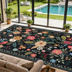 Area Rug for Living Room, 10x12 Large Washable Rugs for Dining Room, Bedroom, Non Slip Stain Resistant Carpet, Low Pile Vintage Floral Rug (Black)
