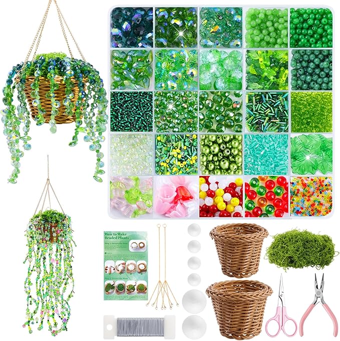 Wurosi 4074 Pcs Green Glass Beaded Plant Kit with Rattan Basket, Forever Plant Beaded Making Kit with Hanging Chain and Manual, Green Crystal Leaf Beads for Jewelry Making Beaded Plants