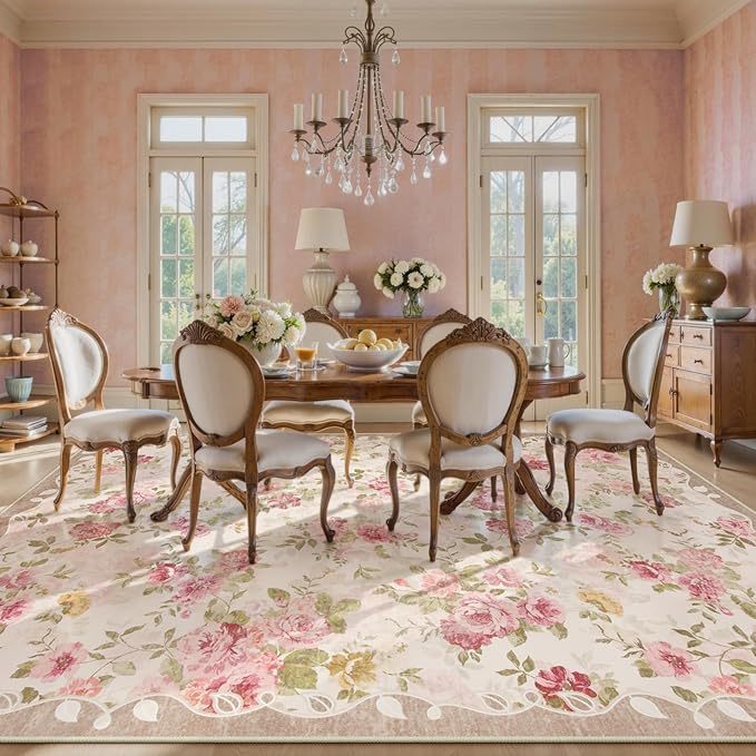 Lahome Floral Washable Rugs 9x12, Large Area Rugs 9x12 Living Room,Soft Non-Slip Thin Vintage Boho Bedroom Carpet for Dining Room Playroom Nursery Farmhouse, Nina Beige/Pink/Multi
