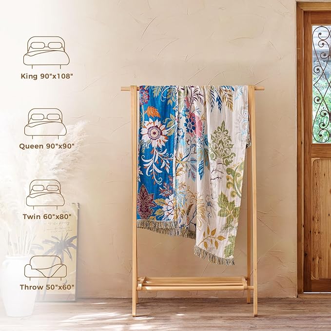 Boho Throw Blanket for Couch Sofa Chair Cotton Spring Blankets for Bedroom Living Room All Season Soft Lightweight Reversible Floral Embroidery Decorative Throws 50"x60" Home Decor