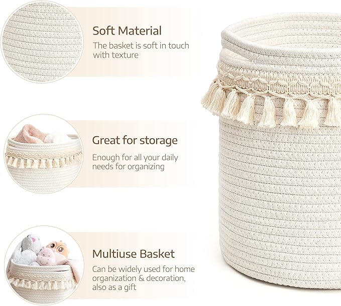 Mkono Macrame Decorative Cotton Rope Basket Boho Nursery Decor Small Cute Woven Tassel Closet Storage Bins Organizer for Baby Toys,Magazines, Potted Plants Cover,Living Room,Bedroom, 11"x11"