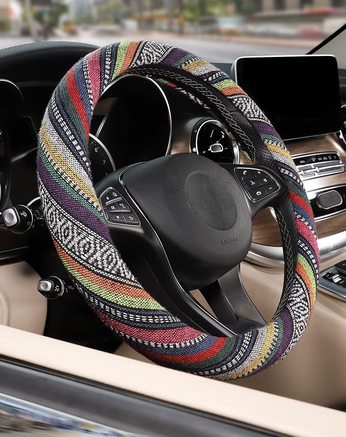 SEG Direct Boho Steering Wheel Cover with Baja Blanket Cloth, Ethnic Style Auto Wheel Cover Made of Coarse Flax, Fits 14 1/2-15 1/4 inches Car Wheel