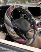 SEG Direct Boho Steering Wheel Cover with Baja Blanket Cloth, Ethnic Style Auto Wheel Cover Made of Coarse Flax, Fits 14 1/2-15 1/4 inches Car Wheel