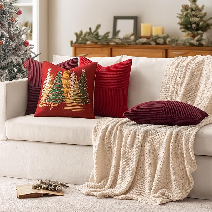 MIULEE Christmas Red Decorative Throw Pillow Covers 18x18 Inch for Couch Bed Sofa Pack of 2 Boho Farmhouse Throw Pillows Soft Cross Corduroy Patchwork Textured Cushion Cases