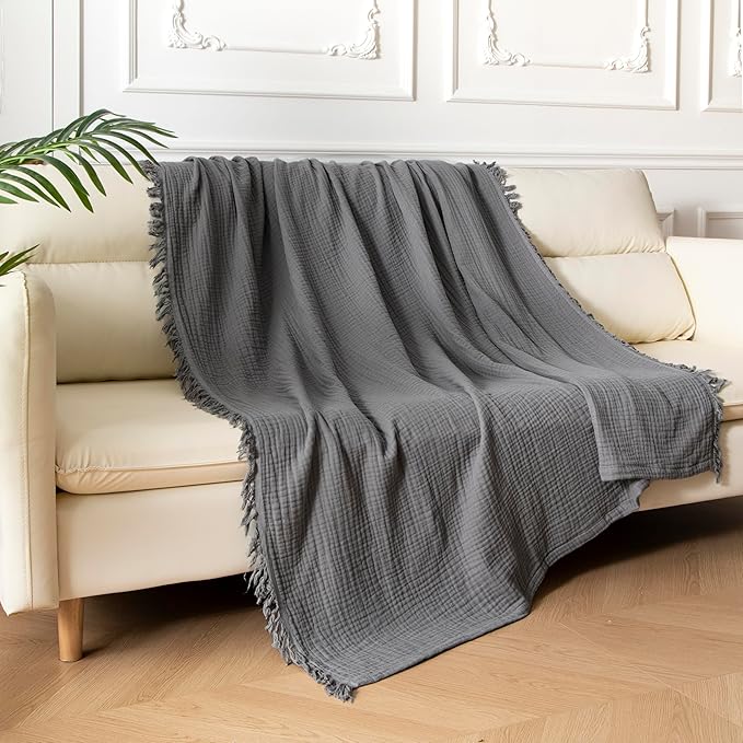 KyraHome 100% Cotton Throw Blanket for Couch, 60"x80" Large Muslin Blankets for Adults, Toddler, Plant-Dyed, Breathable Cozy Lightweight Fall Blanket, Picnic, Travel, All Season, Dark Grey
