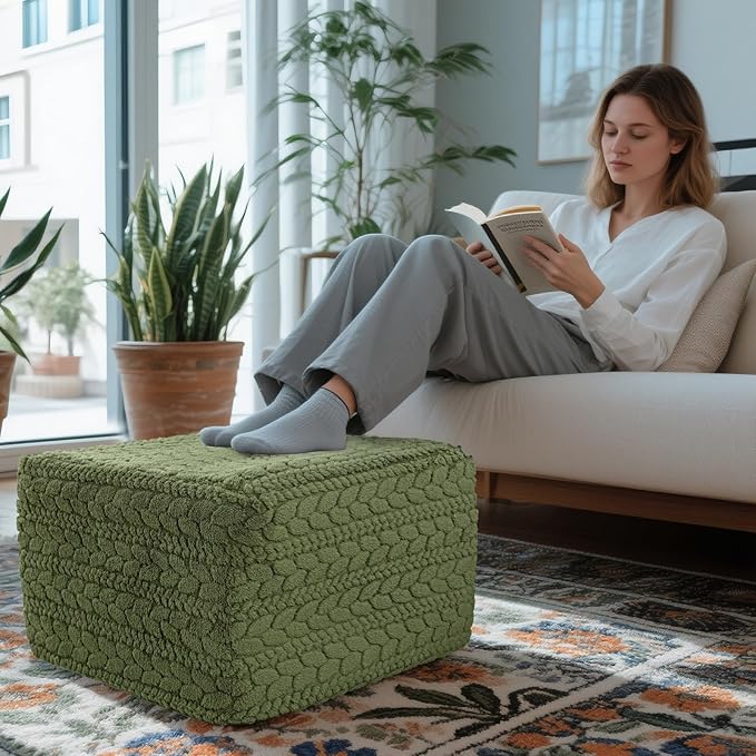 20x20x14 Inches Fluffy Square Pouf Ottoman - Plush Furry Boneless Ottoman Foot Rest Stool with High-Density Foam, Versatile Floor Seating for Living Room (Forest Green)
