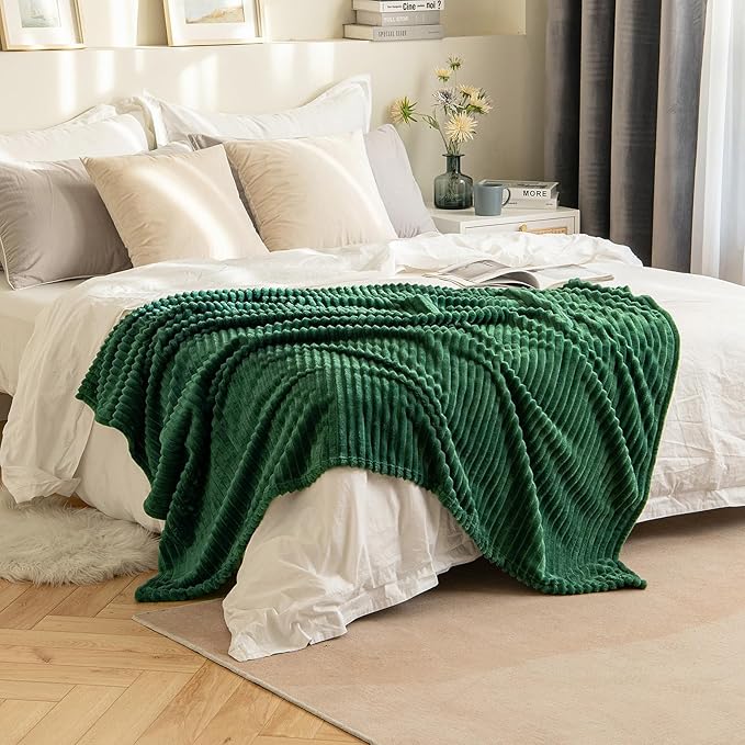 MIULEE Fleece Throw Blanket for Couch 300GSM Super Soft Lightweight Plush Striped, Dark Green Warm Cozy Breathable Ribbed Blanket for Bed/Sofa, Throw Size 50"x60"
