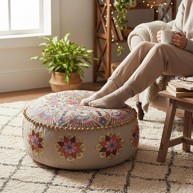 Modern Round Floor Cushion Cover Flower Room Décor Boho Furniture Round Floor Pillow Pouf Footstool Boho Chic Siting Area Stool Cushion Case Luxury Kids Room Décor Cotton 24x8 Unstuffed