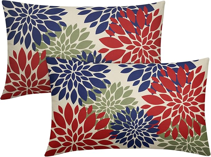4th of July Pillow Covers 12X20 Inch Set of 2, Patriotic Red Blue Green Dahlia Floral Print Holiday Decorative Rectangle Throw Pillow Covers Outdoor Farmhouse Cushion Case for Couch Sofa Bed Decor
