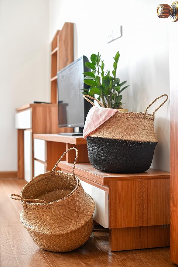 Seagrass Belly Basket (Size: 14x14x13 inches, Color: Yellow Natural - Set of 2) Laundry, Picnic - Plant Pots Cover Indoor Home Decor - Hand Woven Straw Beach Bag with Handles…
