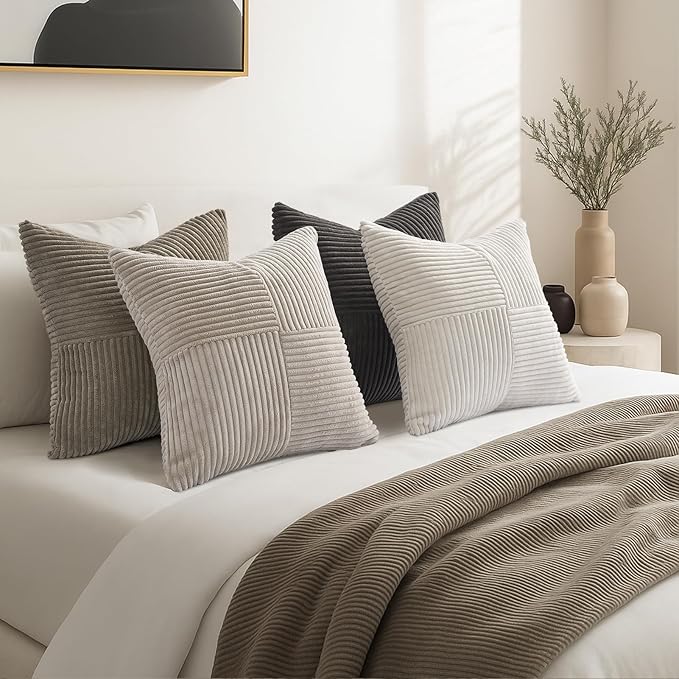 Topfinel Decorative Neutral Gray Throw Pillow Covers for Couch,Boho Cozy Soft Cushion Covers Set of 4 with Corduroy,Accent Pillowcases for Sofa,Bed,Living Room Home Decor 24×24 Inch (Cream,Grey)