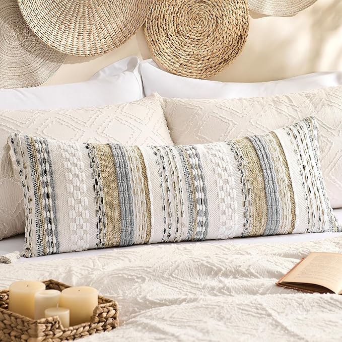 Kevin Textile Spring 14x36 Inch Long Lumbar Pillow Cover 1 Pack Boho Decorative Rectangle Cushion Case Throw Soft Chenille Thread Woven Tufted Textured Accent for Living Room Couch Sofa Bed, Beige