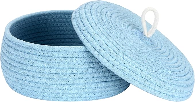 Sea Team Round Cotton Rope Storage Basket with Lid, Decorative Woven Storage Bin, Pot, Caddy, Organizer, Container for Snacks, Towels, Plants, 10 x 4.5 Inches (Small, Shallow, Blue)