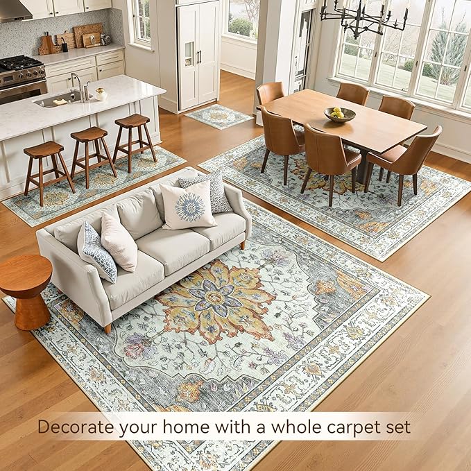 Area Rugs 6'x9' Washable Non-Slip, Floral Vintage Distress Print Pattern Medallion Carpet for Living Room Bedroom Dining Room, Light Yellow Carbon Grey Orange