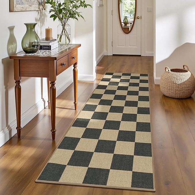 Lessymo Checkered Easy Jute 2x6 Rug, Kitchen Runner Rug Non Slip Washable Entryway Bathroom Rug, Farmhouse Black Indoor Outdoor Carpets for Bedroom Hallway Porch, Diamond Black/Beige