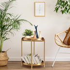 TeoKJ 2 Tier Round Side Table, Folding Metal Small Bedside Nightstand for with Two Removable Tray for Bedroom Living Room Bedside Small Spaces Gold