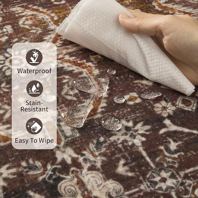 Area Rugs for Living Room Bedroom, Washable Christmas Rug, Vintage Oriental Boho Rug, Non Slip & Low Pile Faux Wool Thin Accent Carpet for Indoor Dining Room, Kids Room and Office(Red 4x6ft)