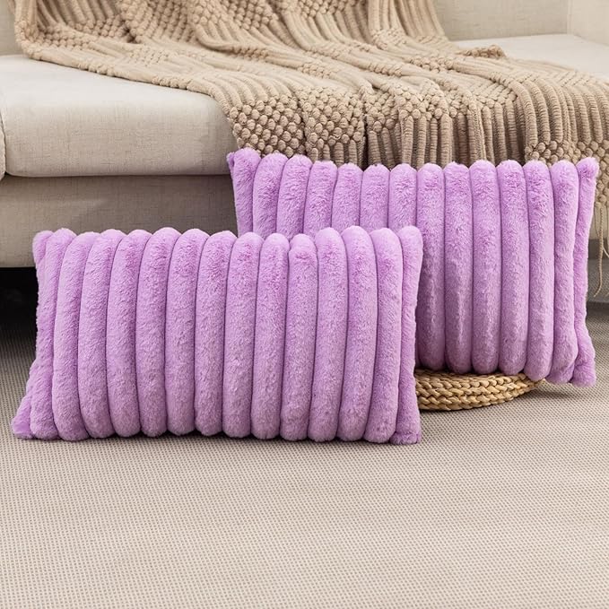 ZLINA Set of 2 Light Purple Faux Fur Decorative Throw Pillow Covers Fluffy Striped Pillowcase Cushion Covers 12 x 20 Inch Decor Sofa Couch Bedroom