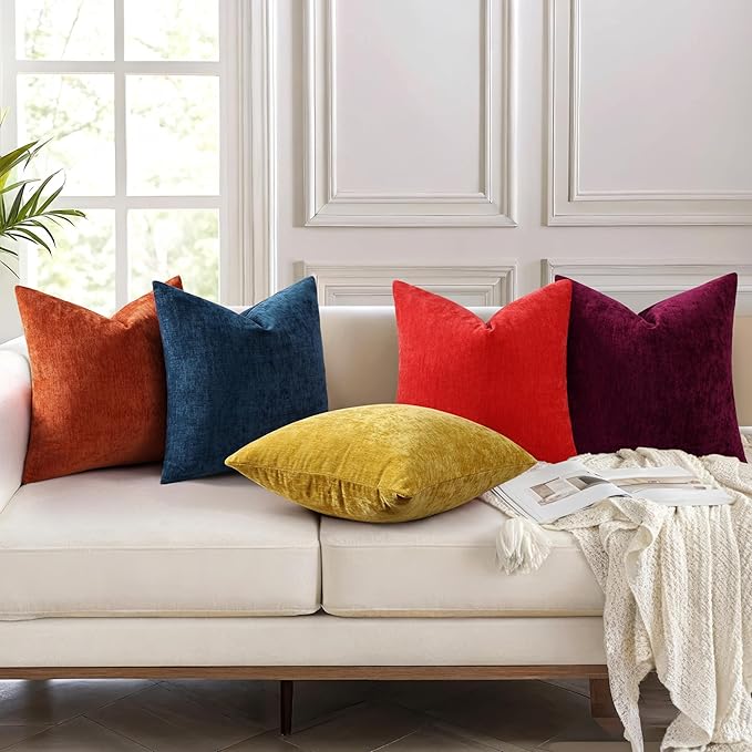 decorUhome Chenille Navy Blue Spring Throw Pillow Covers 20x20 Inch Set of 2, Decorative Soft Couch Pillow Covers Solid Dyed Accent Farmhouse Neutral Square Pillow Cases for Sofa