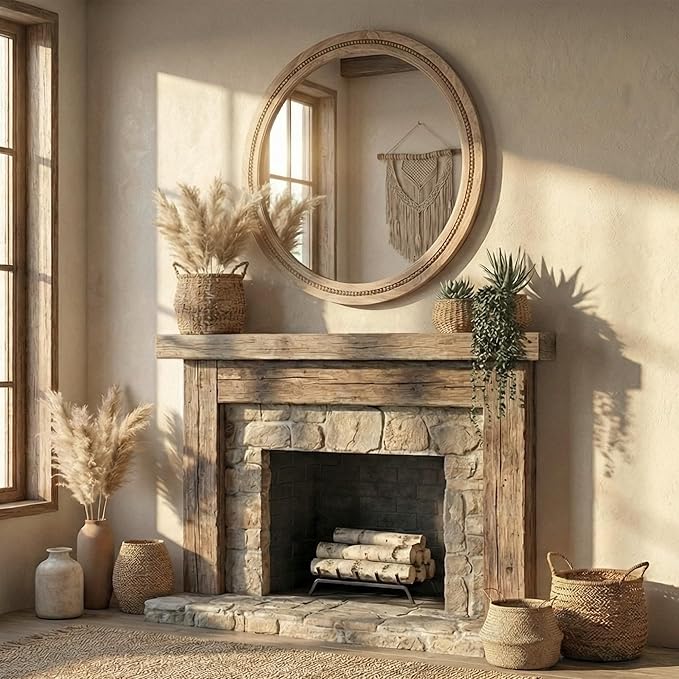 30" Round Solid Wood Mirror for Bathroom Vanity, Handcrafted Beaded Circle Wall Mirror - Natural Boho Farmhouse Decor for Entryway & Bedroom