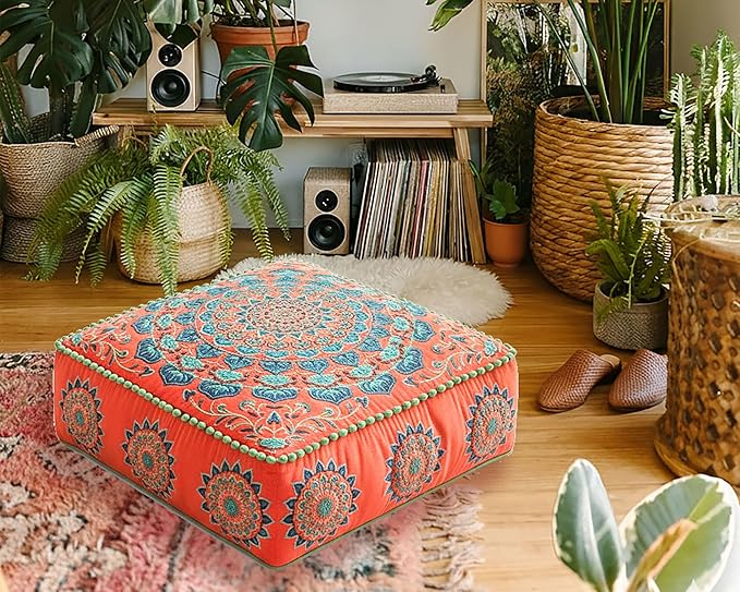 Mandala Life ART Orange Velvet Pouf Cover - Soft Sqare Floor Pillow - Embroidered Ottoman Slipcovern, 24x24x8 Inches, Ideal for Living Room, Bedroom, or Meditation Space - Boho Decor Cushion
