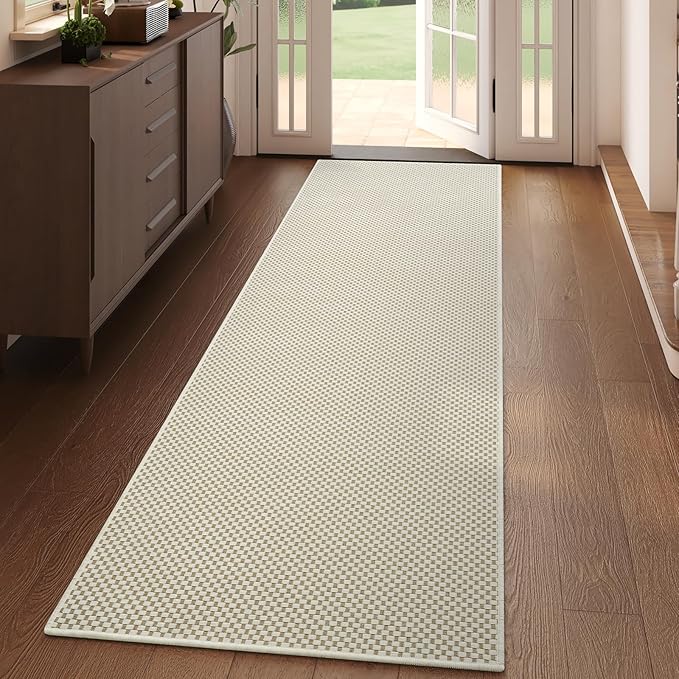 2x6 ft Kitchen Runner Rugs Mat Non Slip Woven Runners for Hallways Washable, Soft Long Entryway Laundry Hall Floor Runner Carpet for Indoor Backdoor Bedroom Living Room, Beige