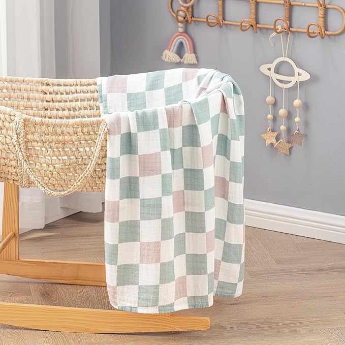 BabyWhale Muslin Swaddle Blanket with Hat and Headband Bow, Checkered Print Swaddle Set for Baby Boys ＆ Girls, Unisex Soft Receiving Blanket Wrap, Green Grey Checkered, 47x47 inches