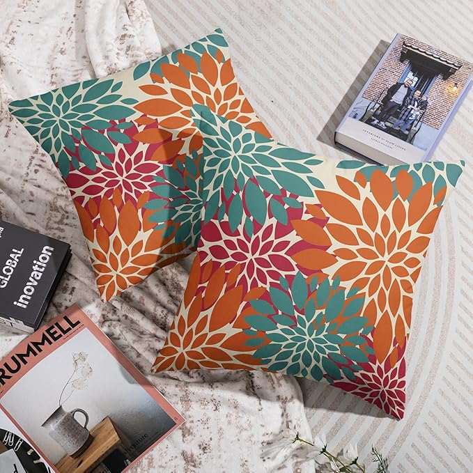 Blue Orange Burgundy Red Pillow Covers 24X24 Inch Set of 2, Modern Dahlia Floral Print Decorative Throw Pillow Covers Outdoor Farmhouse Cushion Case for Home Couch Sofa Bed Decoration