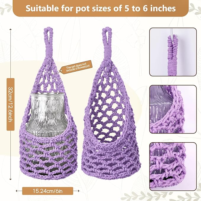 Macrame Wall Plant Hanger, Hanging Planter Basket Holder, Wall Planters for Indoor Plants, for Up to 6 Inch Pot (Purple, 6-Inch)