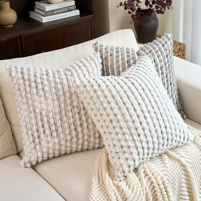 Aeckself Handmade Boho Chenille Tufted Pillow Cover 20x20 Inch, Decorative Square Throw Pillow Cover Neutral Pillowcase for Couch Bedroom Living Room, Green White