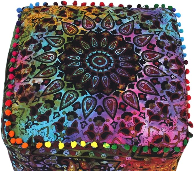 CRAFT KALA Square Mandala Floor Pillow Cushion Cover Seating Throw Cover Hippie Decorative Bohemian Ottoman Cover Poufs Pom Pillow Cases Boho Cotton Living Room Home Décor 22X22X14 inches, Multi Star