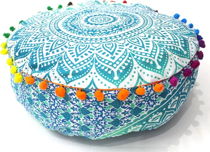 INDIAN CRAFT CASTLE ICC Mandala Barmeri Large Floor Pillow Cover Cushion Meditation Seating Ottoman Throw Cover Hippie Decorative Zipped Bohemian Pouf Ottoman Cases Green Ombre 18" Round