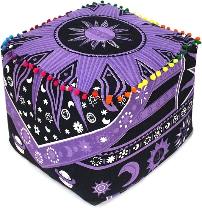 CRAFT KALA Large Hippie Mandala Meditation Floor Ottoman Pillow Cushion Pouf Cover Square Poufs Cover Bohemian Circle Floor Cushion Cover Outdoor Living Room Decor 20X20X14 inches, Purple Burning Sun