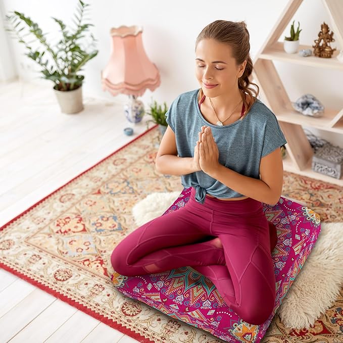 Mandala Meditation Cushion, Boho Meditation Mat, Meditation Pillows for Sitting on Floor, Cushions for Sitting in Home and Outdoor, Square Floor Pillow Cushion Seating for Yoga Accessories 22'' X 22''