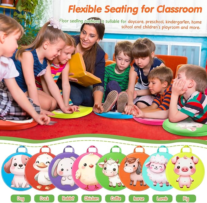 8 Pcs Kids Floor Cushions for Classroom Flexible Round Seating with Handle Soft Waterproof Floor Pillows with Cute Cartoon Animal Pattern for Elementary Daycare Preschool(Farm Animals)