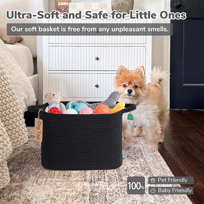 Goodpick Black Storage Basket for Shelves, Woven Baskets for Storage, Toy Baskets Storage Kids, Towel Basket with Handles for Living Room, Bathroom, 13 x 10 x 9 Inches
