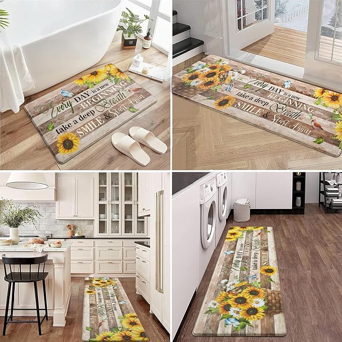 Likiyol Sunflower Kitchen Mats for Floor [3 PCS] Anti Fatigue Mats for Kitchen Floor, Floral Farmhouse Kitchen Rugs Non Slip Washable Comfort Kitchen Decor Mat, 18'' x 30'' + 18'' x 48'' + 18'' x 60''