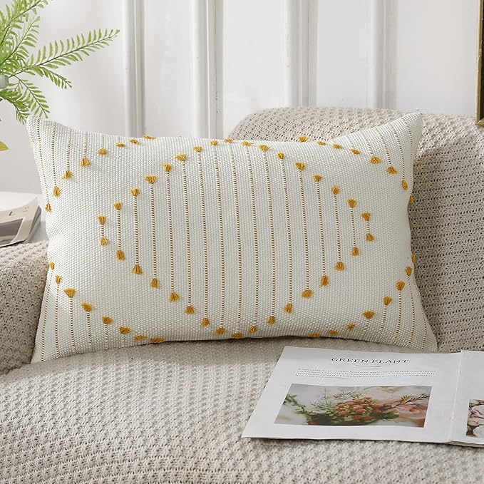 PANOD Knitted Boho Tufted Throw Pillow Covers with Tassel 12x20 inch, Decorative Indoor Outdoor Bohemian Lumbar Cushion case Pillowcase for Couch Sofa Livingroom car Farmhouse Yellow and Cream White