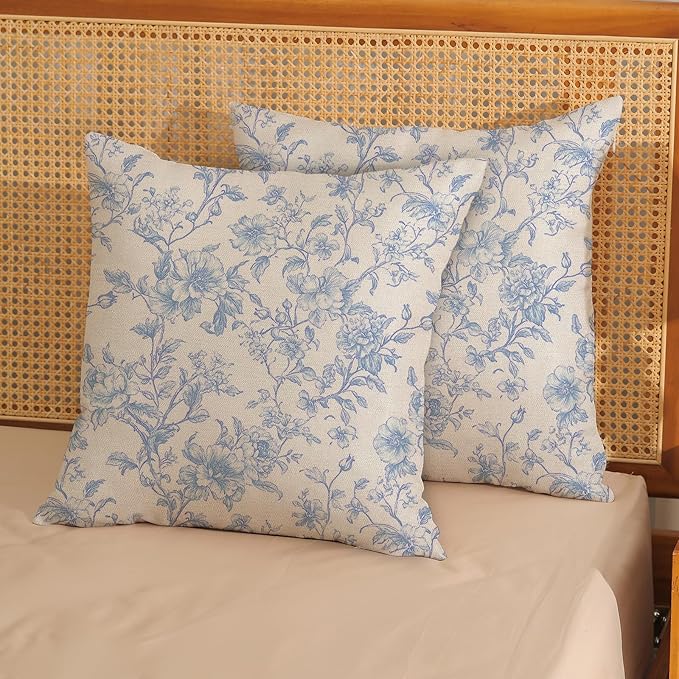 Baby Blue Pillow Covers 20x20 Set of 2 Blue and Cream Floral Chinoiserie Throw Pillows Vintage Rustic Toile Flower Decorative Pillowcase Outdoor Chinoiserie Decor Cushion Case for Couch Sofa