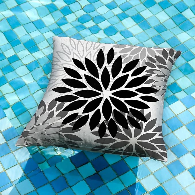DFXSZ Black Grey Flower Pillow Covers 20x20 Inch Set of 2 White Gray Colored Throw Pillows Outdoor Waterproof Decor for Living Room Sofa Patio Funiture Garden Floral Polyester Pillow Covers 002I20