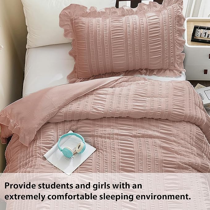 WONGS BEDDING Comforter Full Size, Pink Ruffle Comforter for Full Bed for Dorm Room Essentials, Soft Seersucker Textured Bedding Set Full Size Comforter Sets for Girls 90"×78"