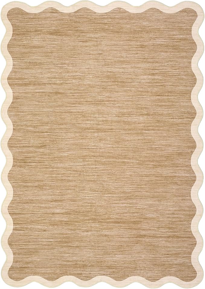 GarveeHome Scalloped Round Washable Rug 5ft, Soft Non Slip Circle Carpets for Bedroom Ultra-Thin, Boho Light Brown Print Distressed Circular Carpet for Living Room Dorm Bedside, Light Brown
