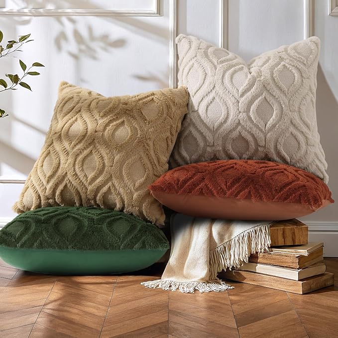 decorUhome Cozy Textured Throw Pillow Covers 16x16 Inch Set of 2, Soft Plush Faux Wool Beige Accent Couch Pillow Covers for Modern Farmhouse Sofa Bed Living Room