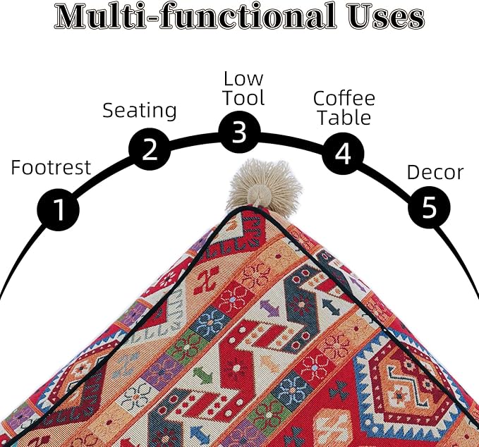 Boho Unstuffed Pouf Cover Ottoman Footrest Indian Mexcian Foot Stool Floor Bean Bag Floor Chair Storage for Living Room Bedroom Decor (Boho Red, Square)